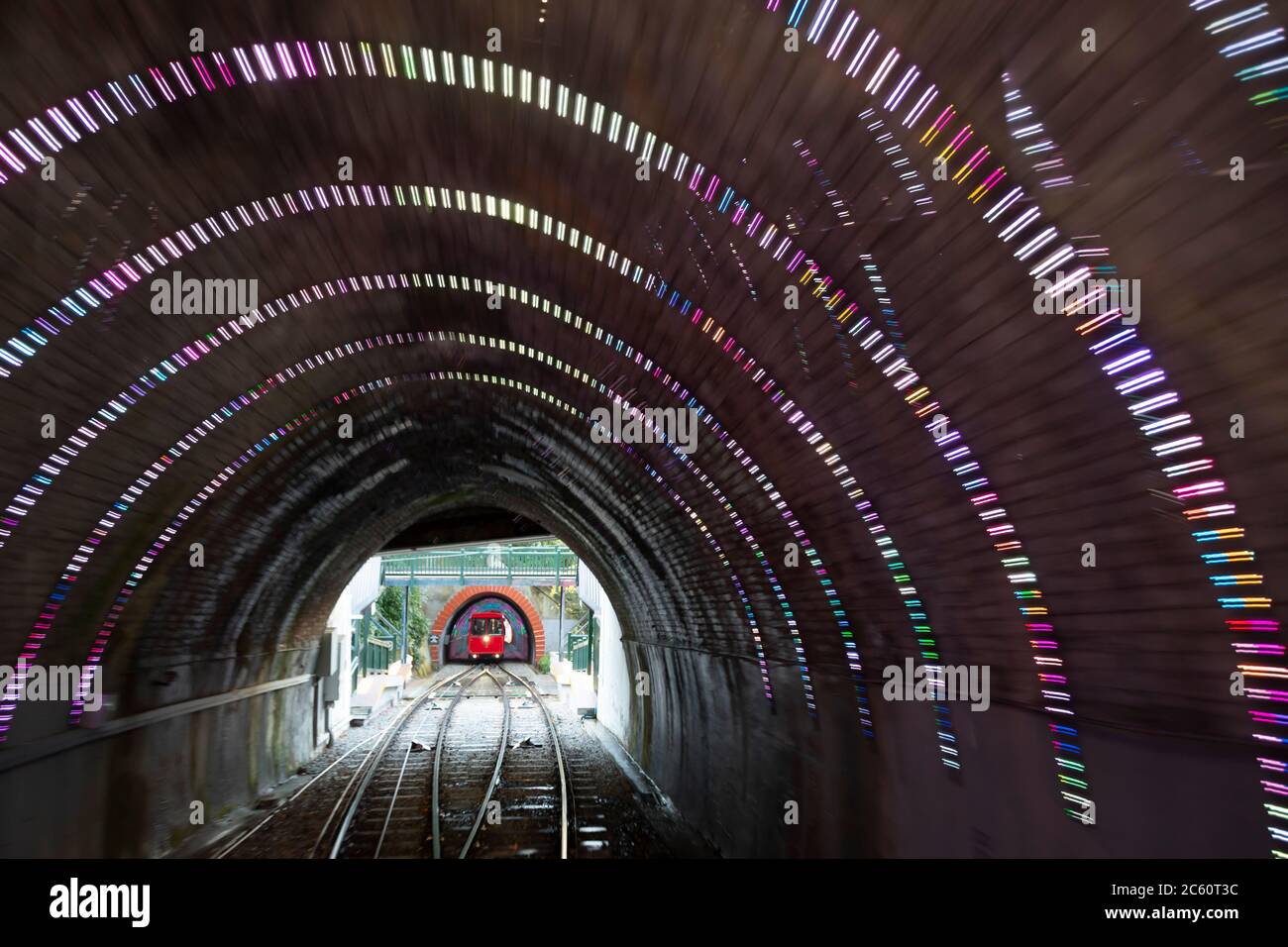 Cable Car tunnel illuminated with coloured LED lights, Wellington, North Island, New Zealand Stock Photo