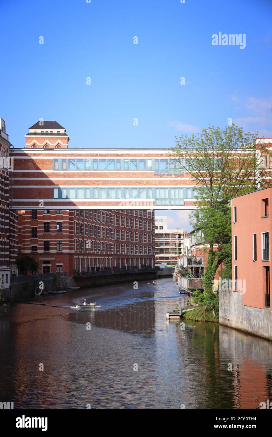 Leipzig city, Germany. Plagwitz former industrial area - old brick factories and warehouses on Weisse Elster river. Stock Photo