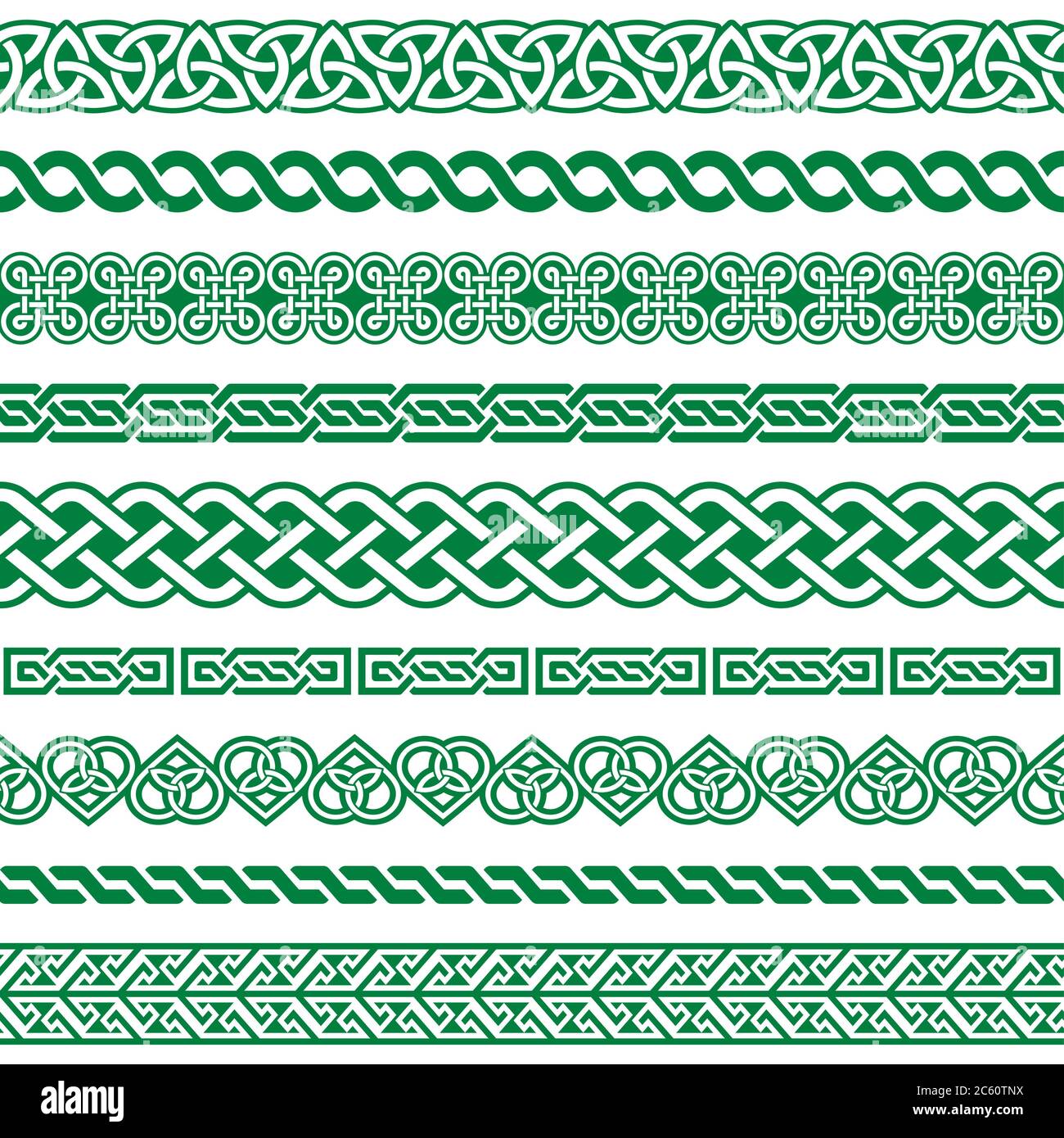 Irish Celtic vector seamless border green pattern set, braided frame designs for greeting cards, St Patrick's Day celebration Stock Vector