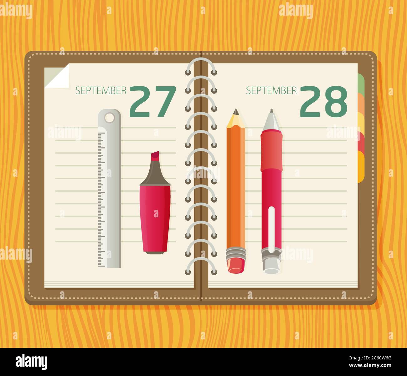 Illustration with a notepad, pencil, marker, ruler and pen lying on a table in flat style Stock Vector