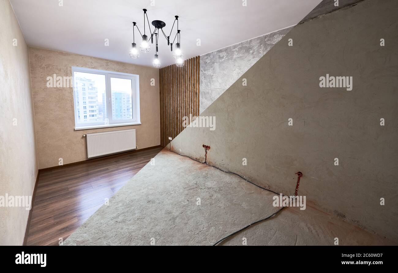 Empty apartment with modern plastic window, heating radiators before and after refurbishment. Comparison of old room and new renovated place with parquet and stylish chandelier. Construction concept Stock Photo