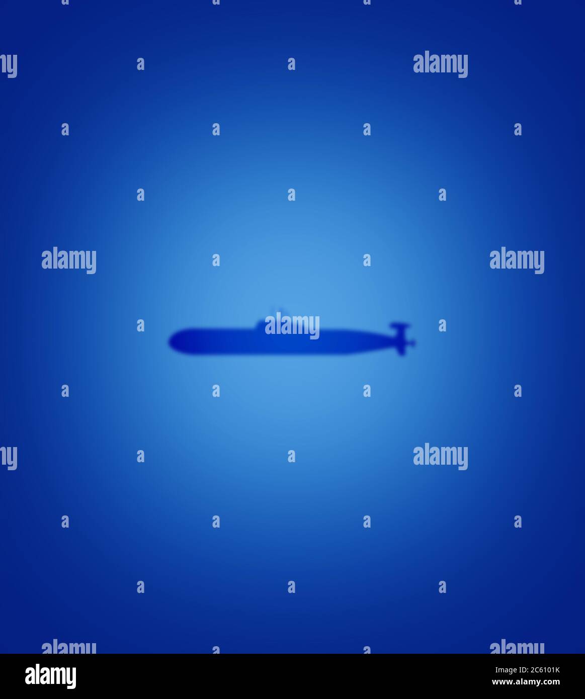 Blurred submarine silhouette against a blue water background with a light blue glow Stock Photo