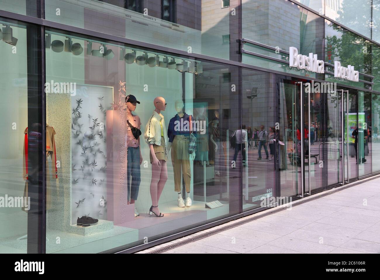 DRESDEN, GERMANY - MAY 10, 2018: Window display of Bershka clothes shop in Dresden, Germany. Bershka brand is part of Inditex fashion group. Stock Photo