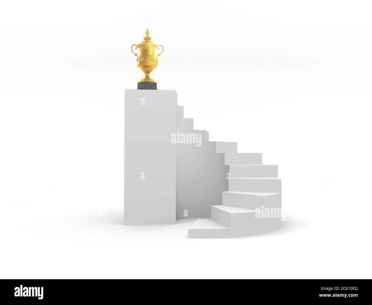 3D illustration of trophy placed on top of a spiral staircase Stock Photo