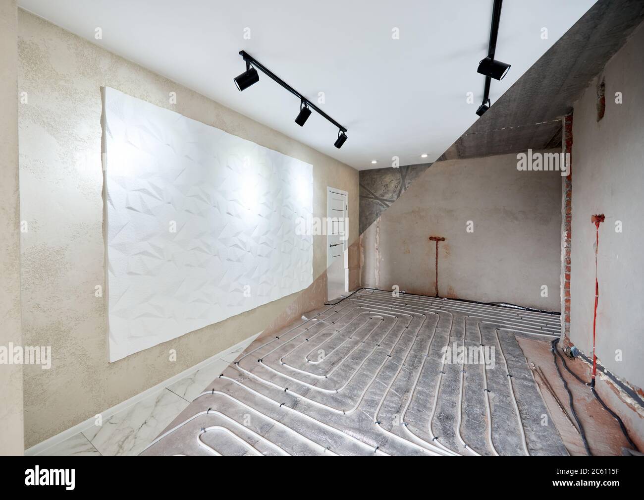 Comparison of freshly renovated apartment with stretch ceiling and old place with underfloor heating pipes. Empty flat with stylish design before and after refurbishment. Concept of home renovation. Stock Photo