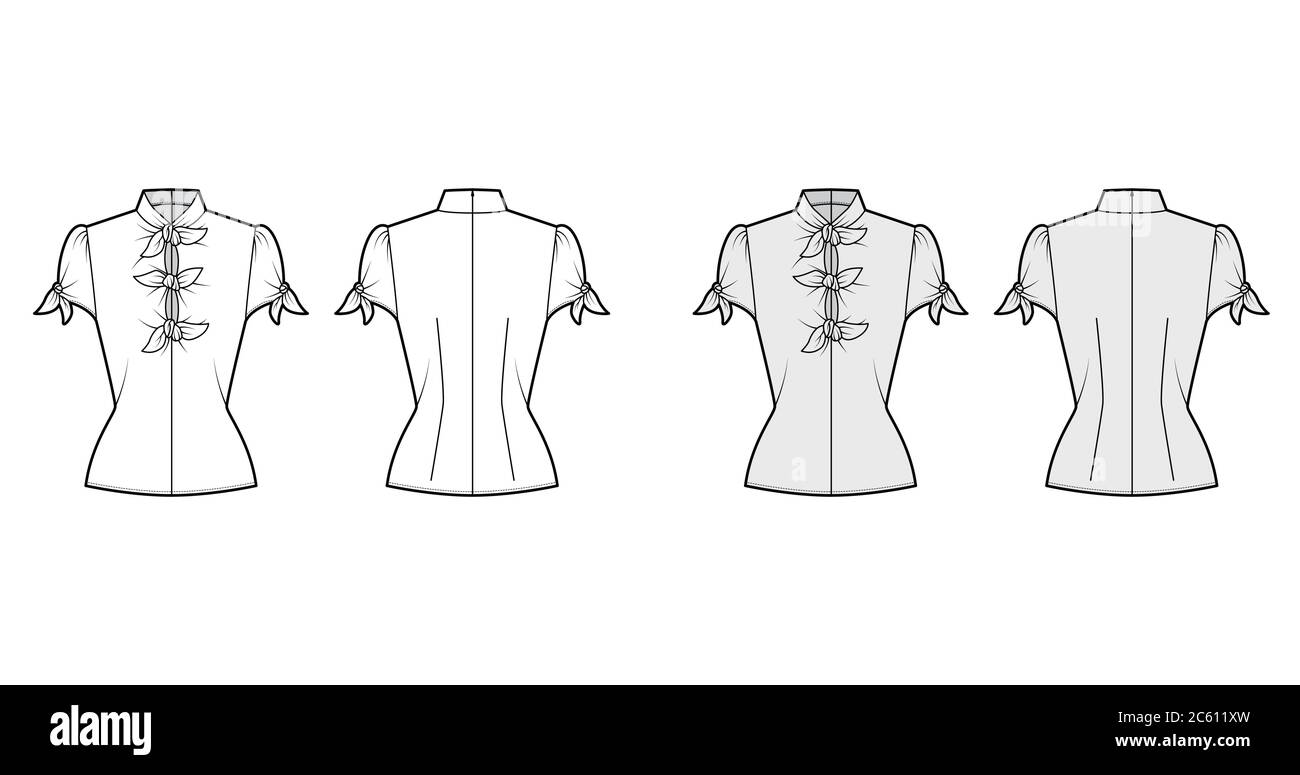 Knotted cutout blouse technical fashion illustration with high neckline, puffed volume sleeves, back zip fastening. Flat apparel template front, back white grey color. Women men unisex garment mockup Stock Vector