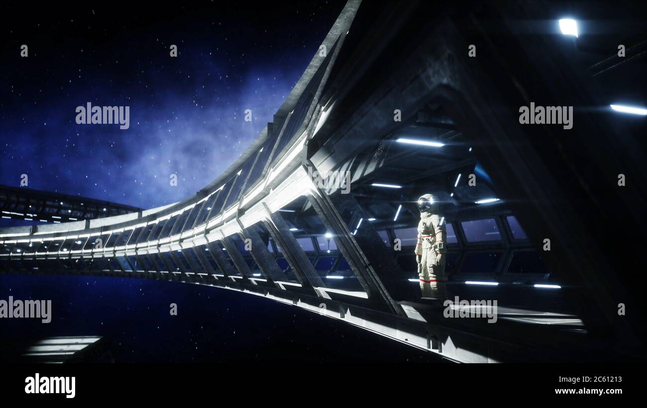 alone astronaut in futuristic space corridor, room. view of the earth. 3d rendering. Stock Photo
