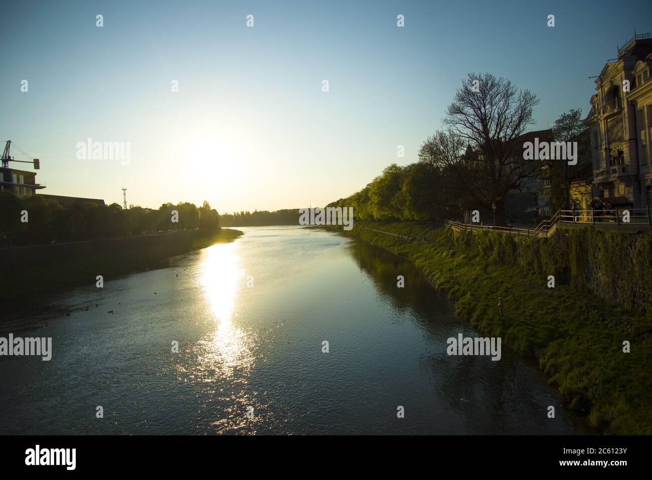 Small peaceful river in the Uzhgorod, public place in the city located on the center. Stock Photo