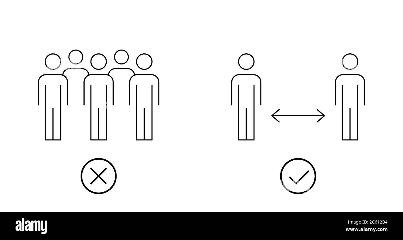 Avoid crowding sign. Keep a distance. Coronavirus safety guidelines. Group of people vs. two persons practice social distancing.Black outline on white Stock Vector
