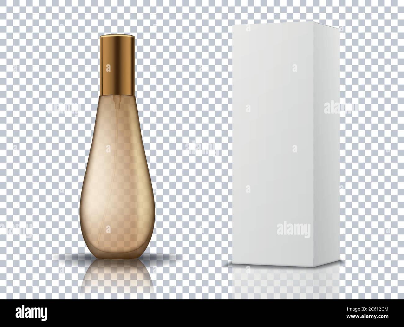 Transparent gold perfume cosmetic bottle container with white box isolated. Mockup for product package branding. Realistic vector illustration of Stock Vector