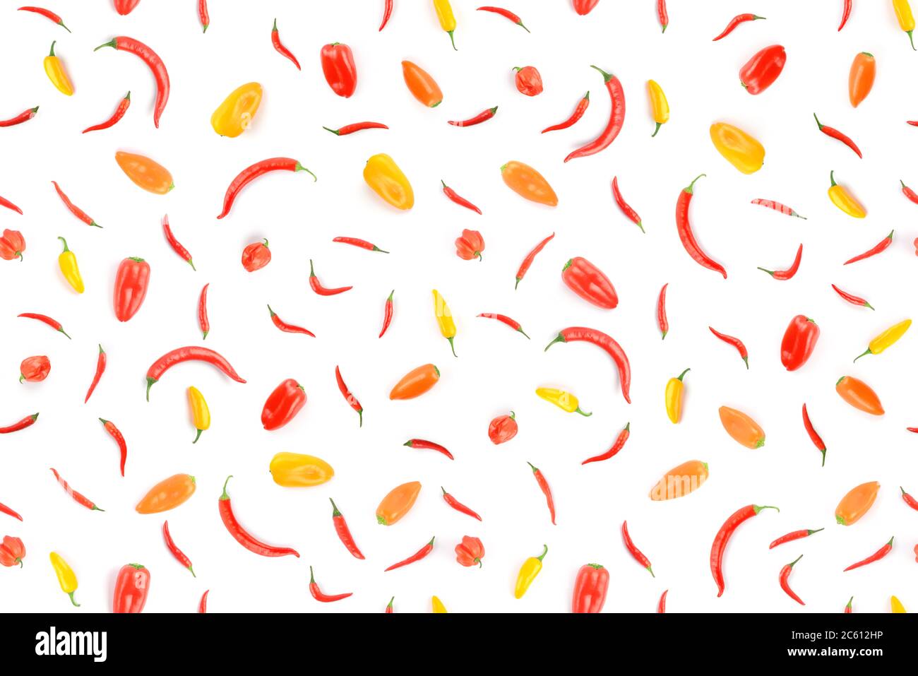 Seamless pattern of various varieties of pepper isolated on white background. Stock Photo