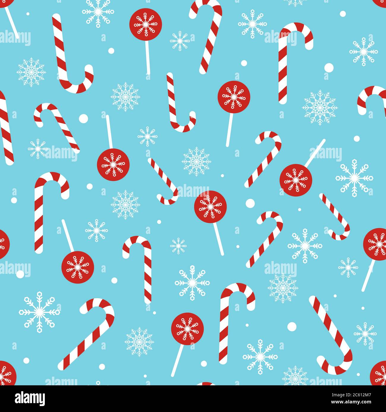 Christmas candy pattern on blue background. Seamless texture with Christmas candy cane, lollipop and snowflakes. Winter holidays print for textile, wa Stock Vector
