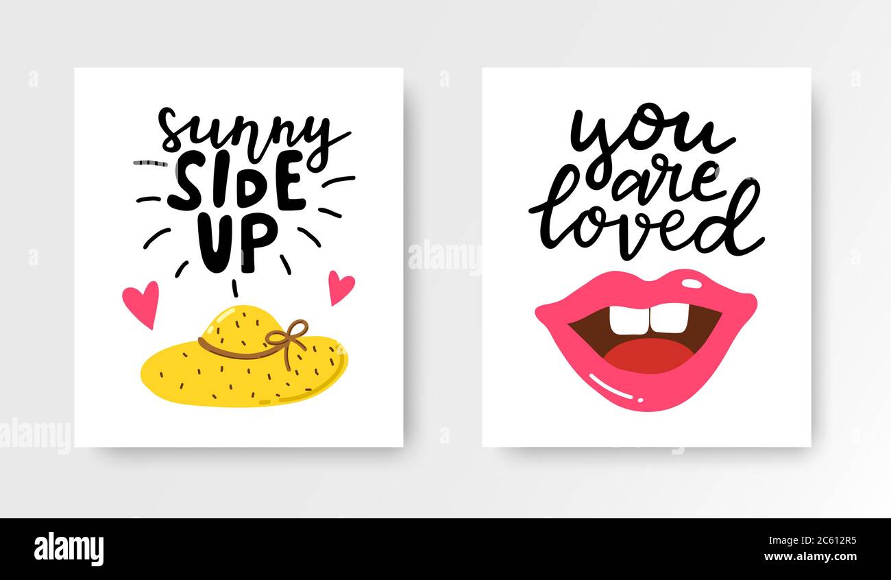 Summer cards set. Colorful posters with hand lettering. Summer vacation banners with hand drawn hat, lips, hearts. Vector illustration. Stock Vector