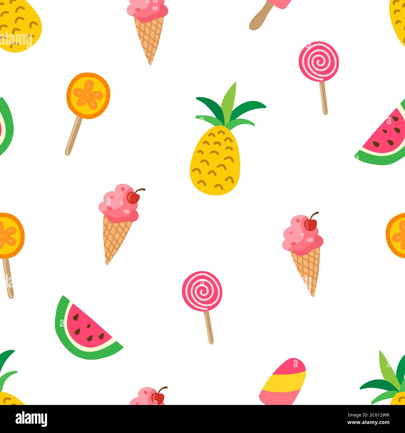 Sweet summer pattern with pineapples, watermelons, ice cream, lolipops. Colorful summer texture with tropical fruits. Modern template for print, banne Stock Vector