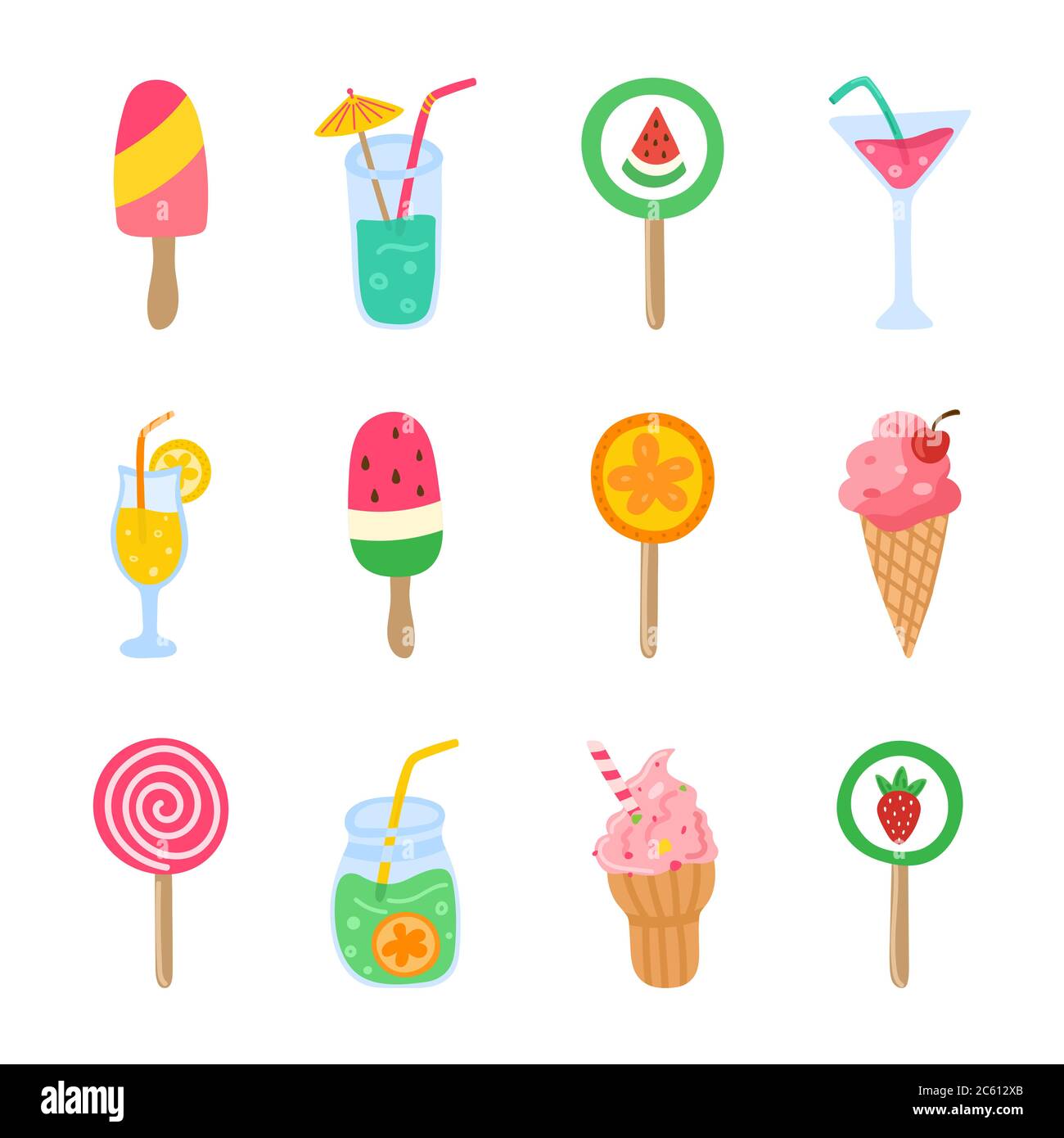 Summer beach party set isolated on white background. Hand drawn cocktails, sweets, lollipop, ice cream collection. Vector illustration. Stock Vector