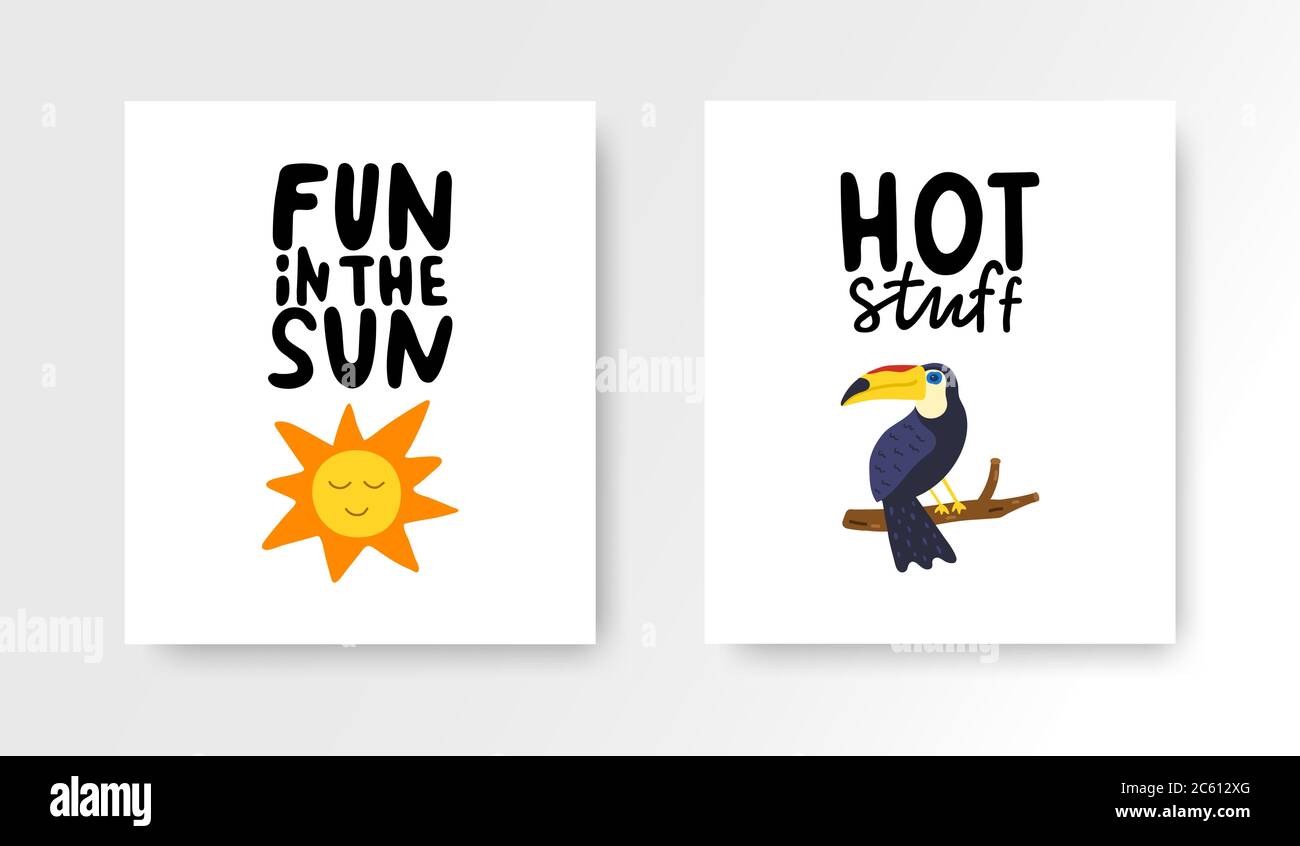 Summer cards set. Colorful posters with hand lettering. Summer vacation banners with hand drawn sun, toucan. Vector illustration. Stock Vector