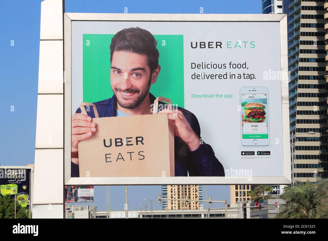 DUBAI, UAE NOVEMBER 22, 2017 Billboard advertisement of Uber Eats