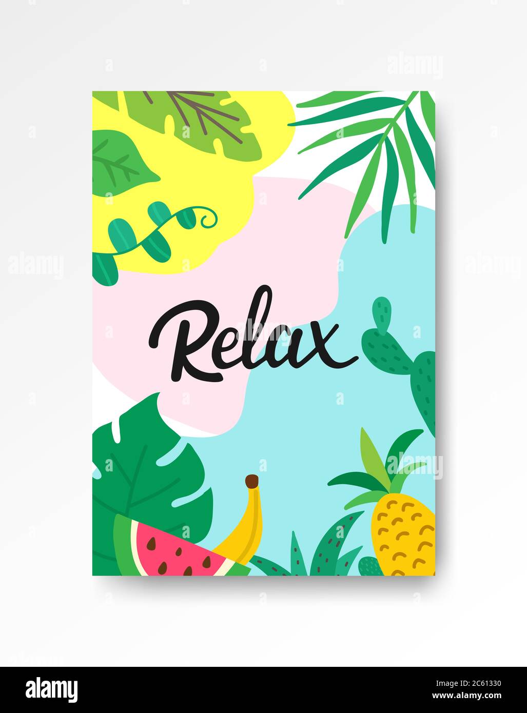 Relax tropical poster A4. Hand drawn lettering with leaves and fruits. Summer holiday concept. Tropical vacation banner. Creative tropical vector Stock Vector