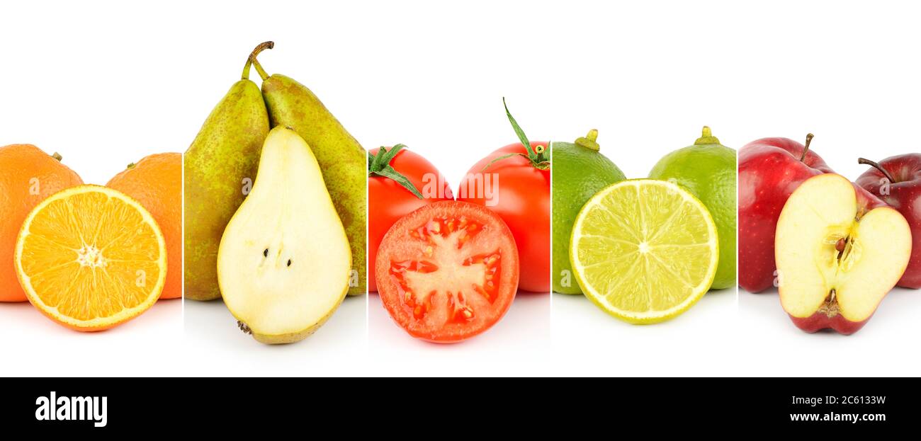 Panoramic photo of vegetables and fruits close-up separated by vertical lines isolated on white background. Stock Photo