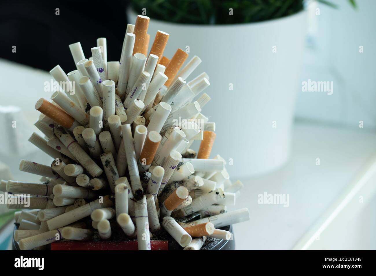 Pile of smoked used cigarettes in an ashtray. Mountain of cigarettes and copy space Stock Photo