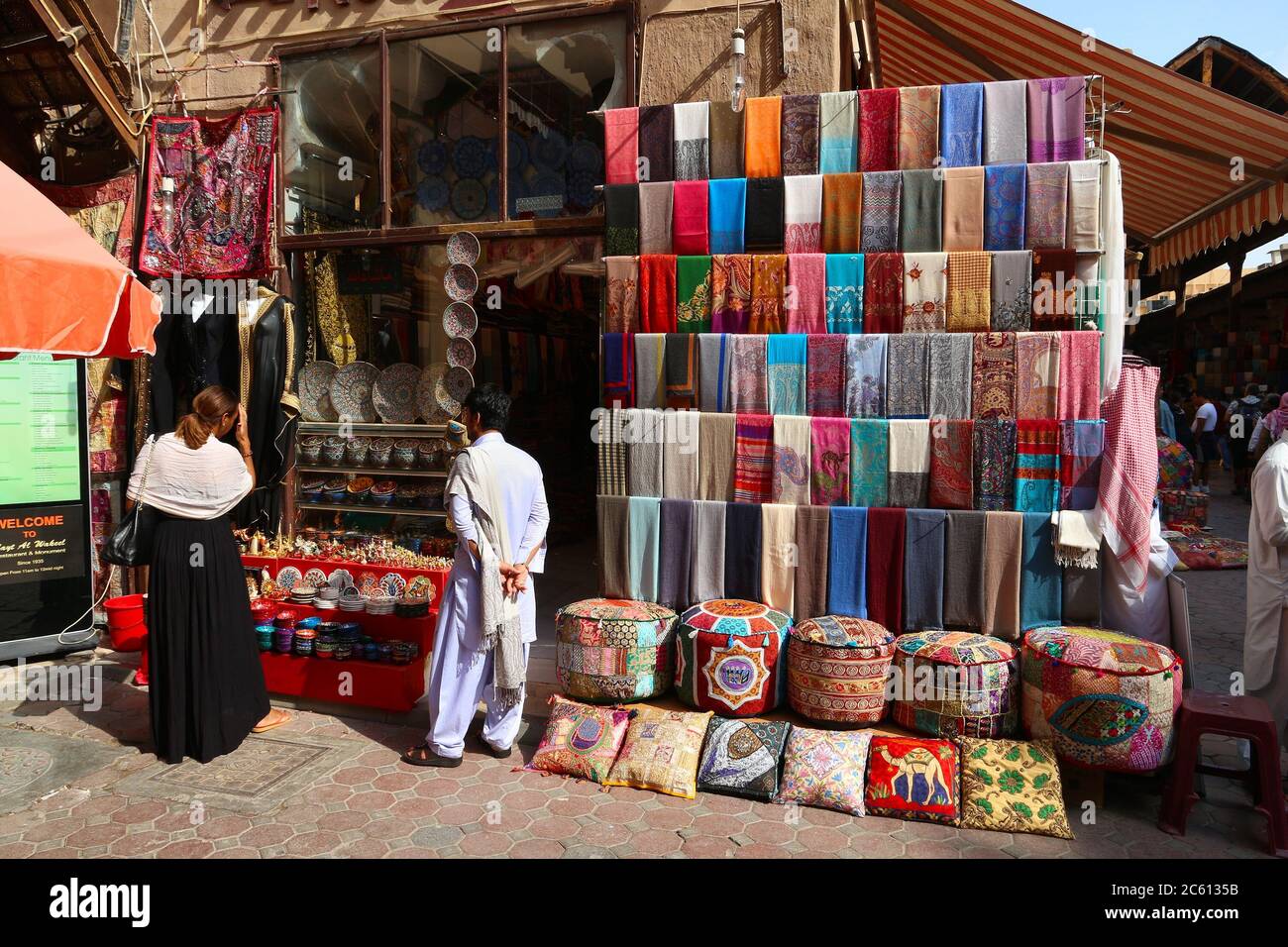 DUBAI, UAE DECEMBER 9, 2017 People visit the Textile Souk in Bur