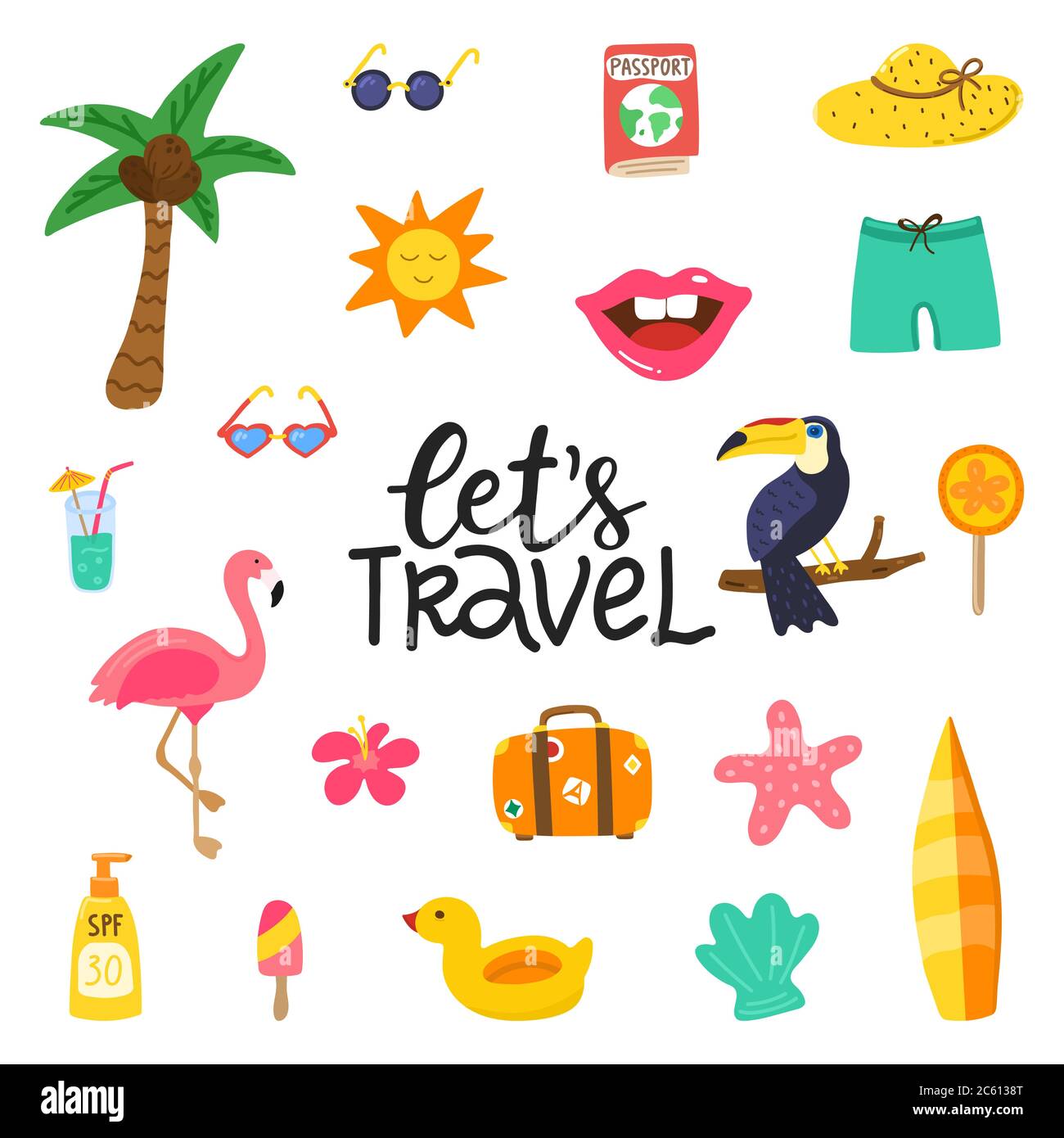 Lets travel hand drawn quote with summer elements. Summer design with doodle flamingo, flowers, tropical fruit, toucan, sweets. Color set. Vector Stock Vector