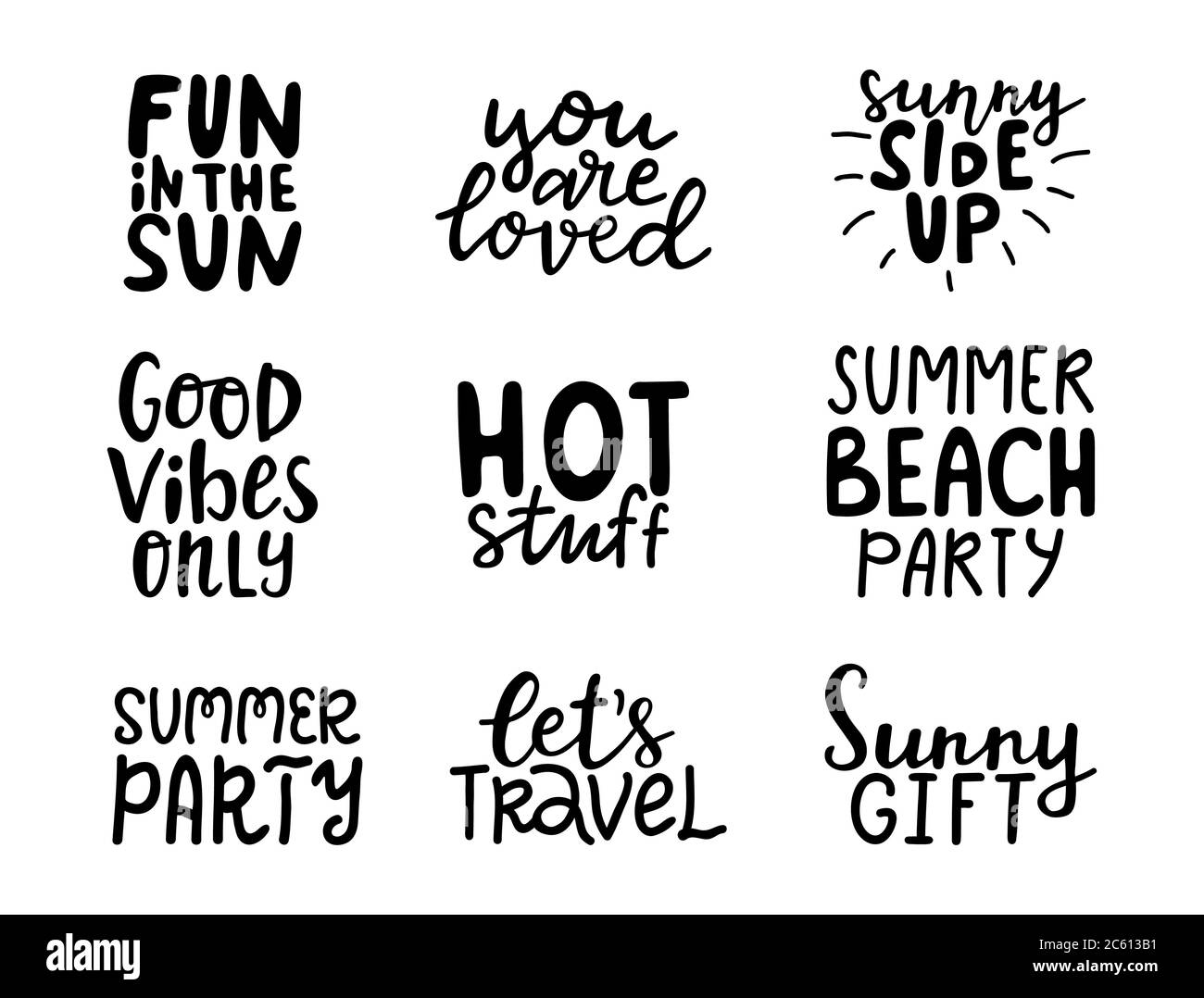 Summer hand lettering collection on white background. Summer holiday decoration elements. Typography design. Summer party. Vector illustration. Stock Vector