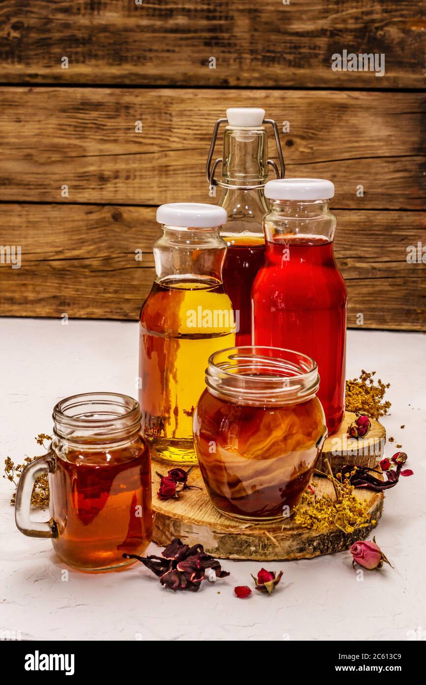 Kombucha. Set of different flavors with dry herbs and flowers. Healthy