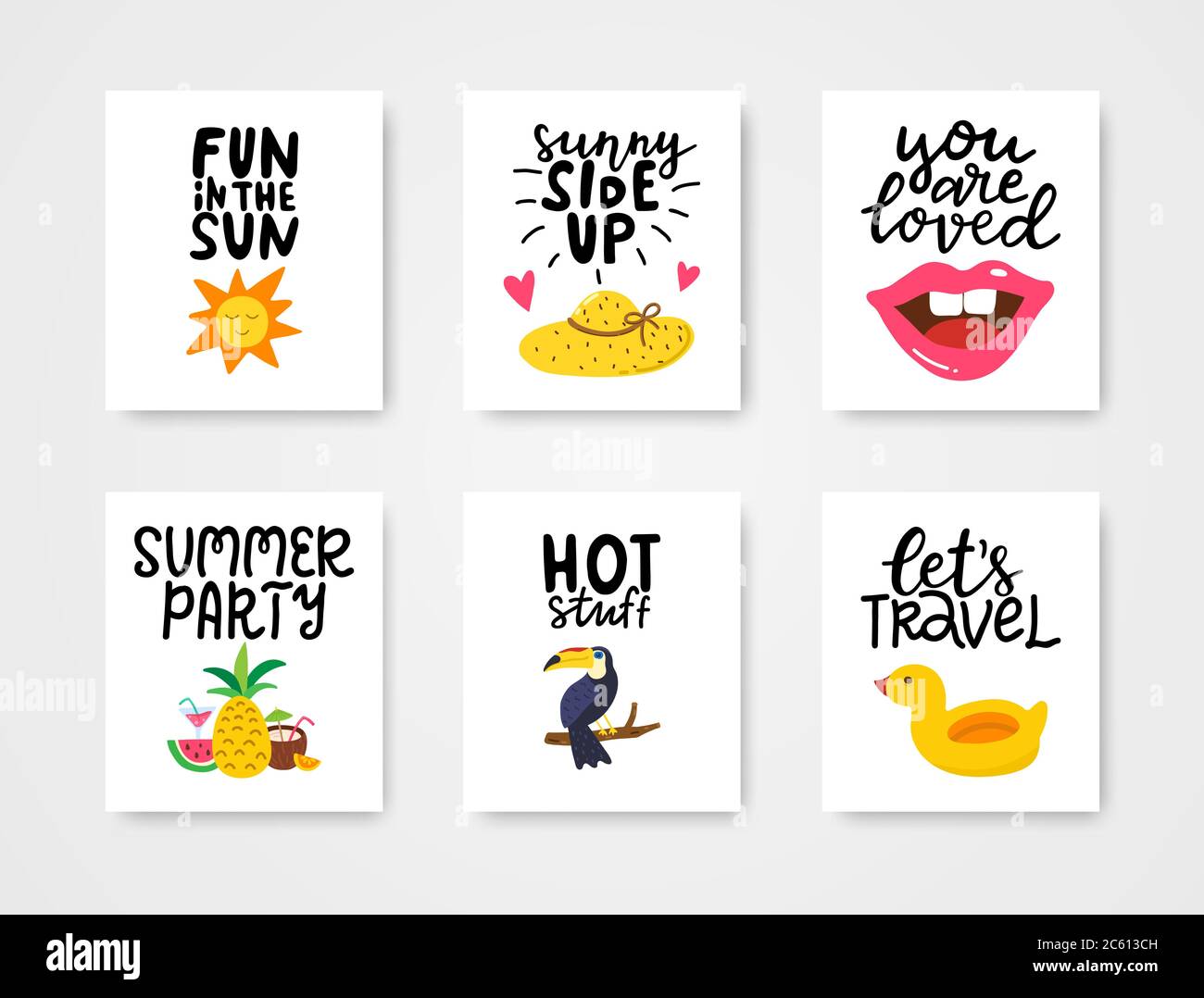 Summer cards set. Colorful posters with hand lettering. Summer vacation banners with hand drawn sun, hat, lips, tropical fruit, toucan, duck. Vector Stock Vector