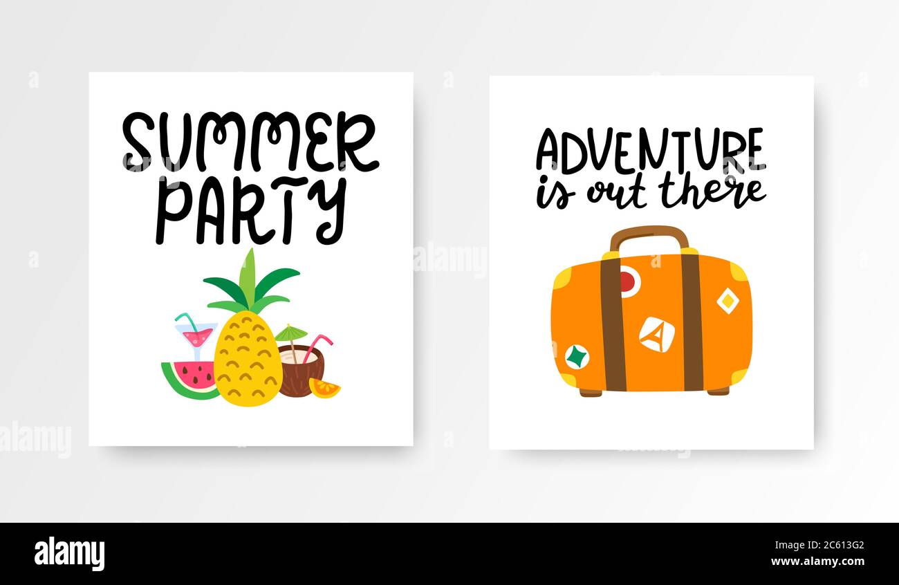 Summer cards set. Colorful posters with hand lettering. Summer vacation banners collection with hand drawn tropical fruits, suitcase. Vector Stock Vector
