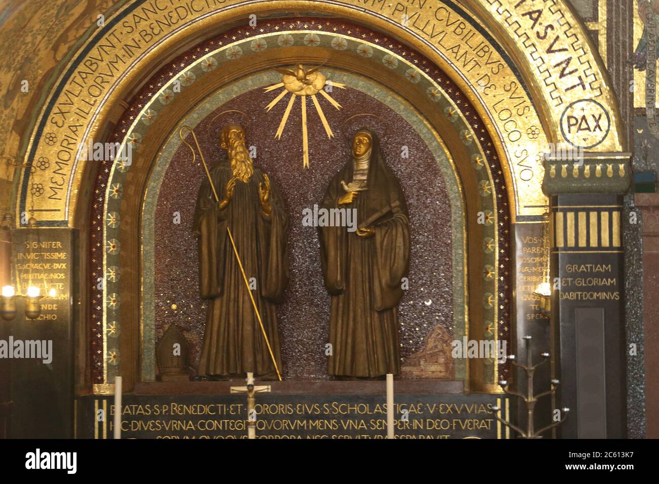 San Benedetto E Santa Scolastica Erano Gemelli Cassino, Italy - July 5, 2020: The central chapel with the statues of