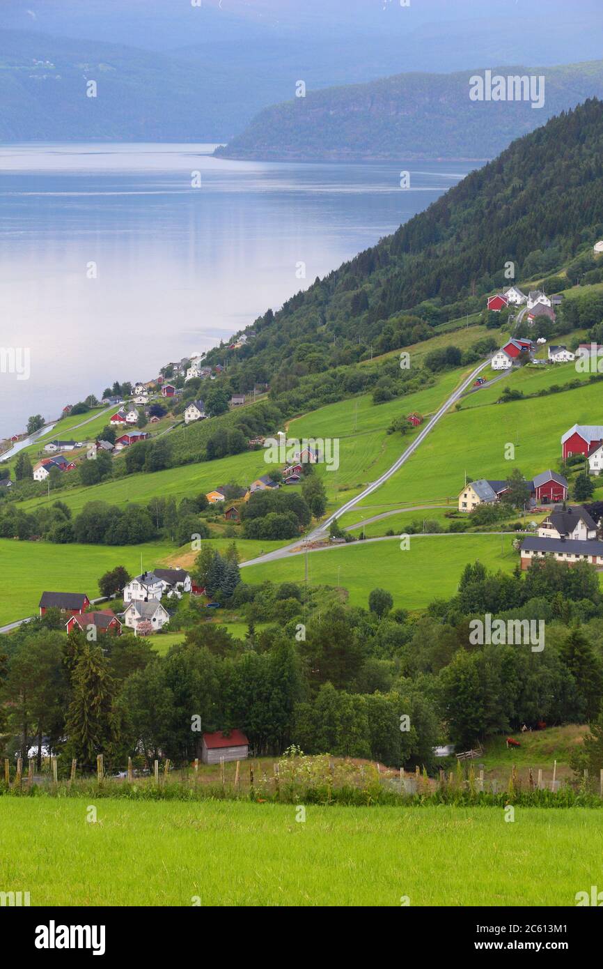 Rural landscape in Norway - cloudy Nordfjord view in Utvik. Stock Photo