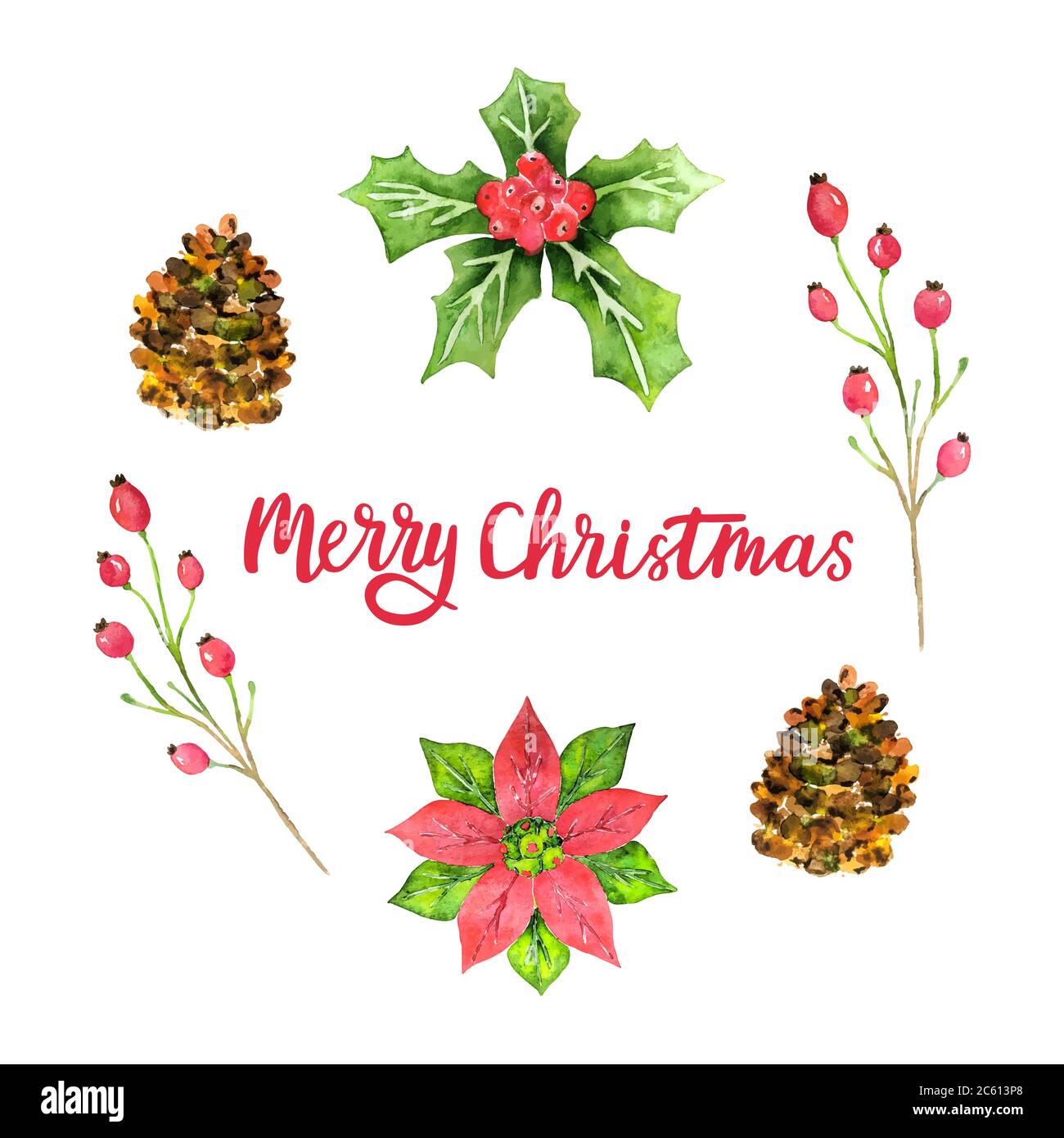 Merry Christmas watercolor greeting card. Design template for Christmas