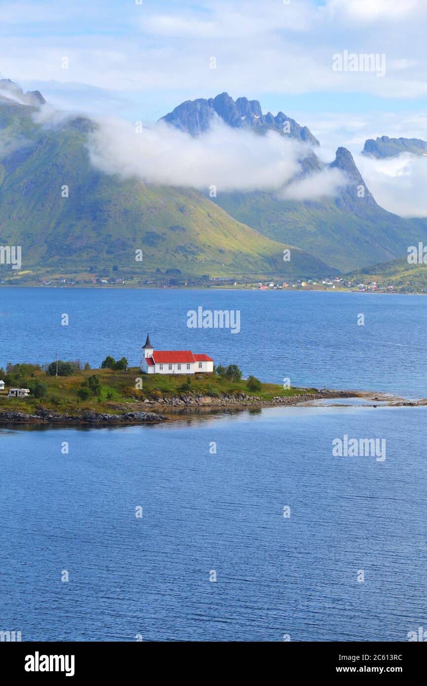 Norway landscape - Sildpollnes church in Vestpollen, Lofoten islands. Stock Photo