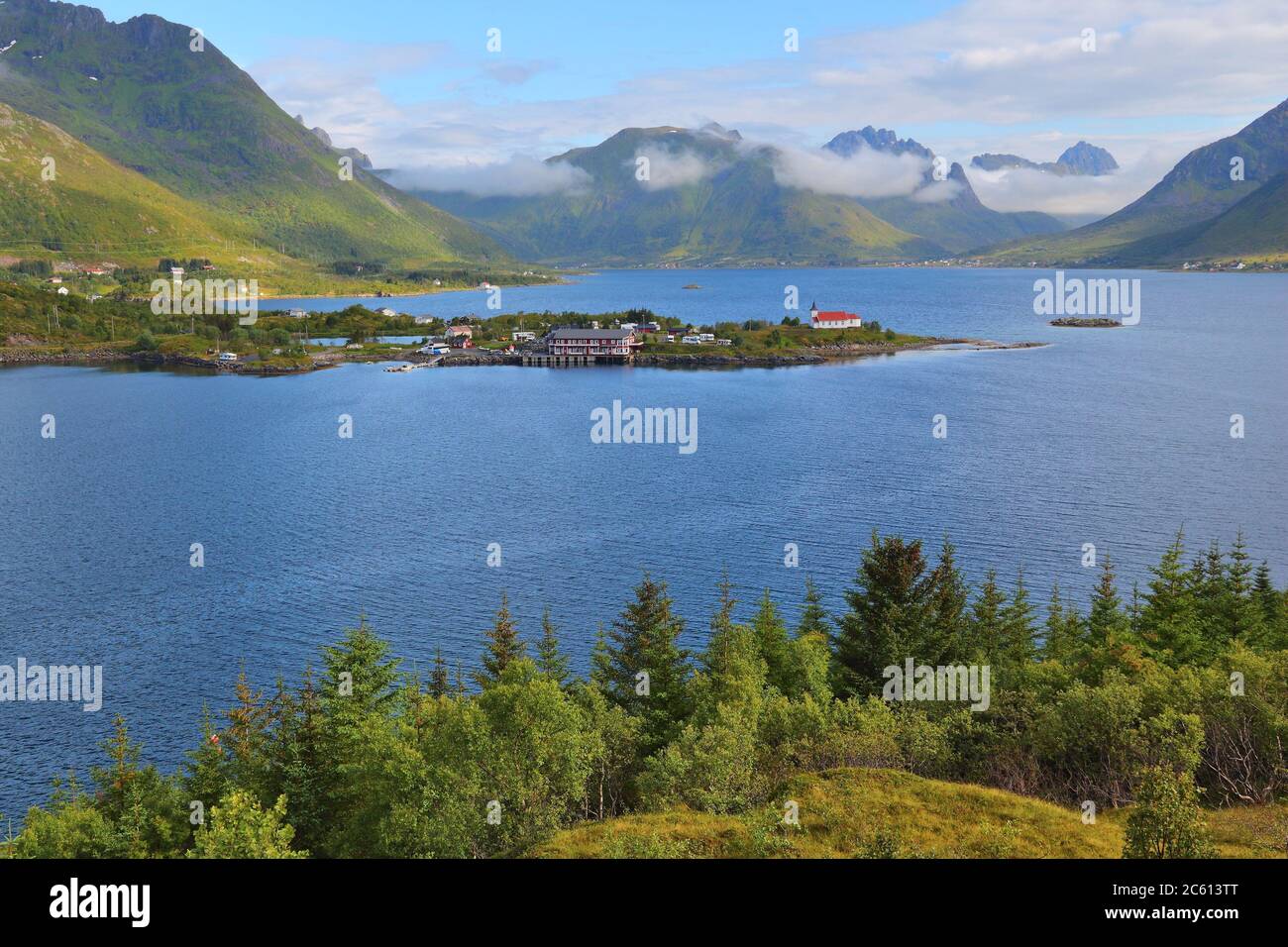 Norway landscape - Sildpollnes church in Vestpollen, Lofoten islands. Stock Photo