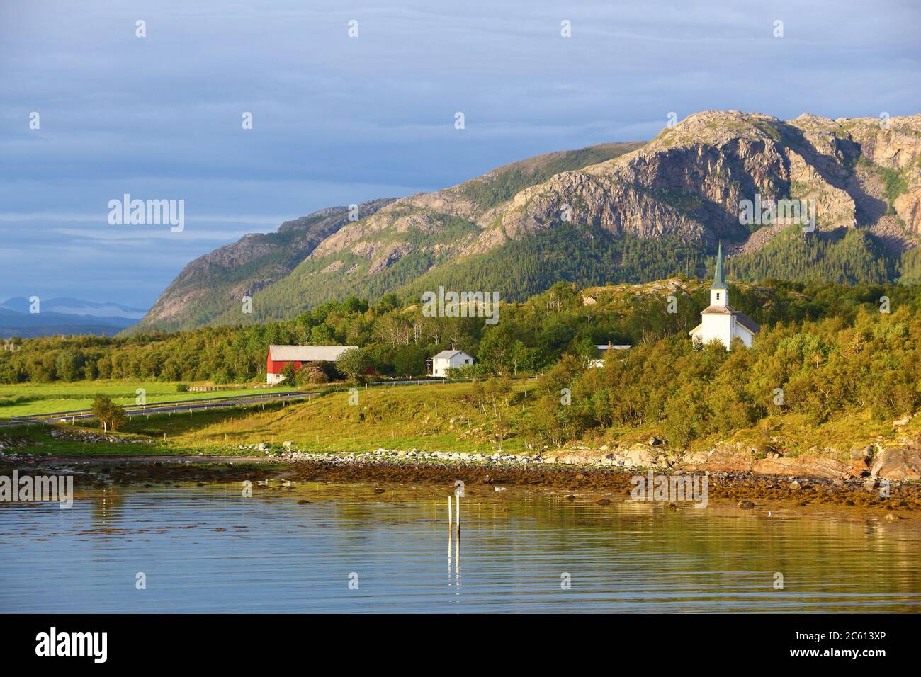 Bindal municipality in Norway. Rural landscape with village church. Stock Photo