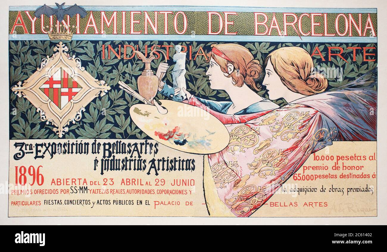 The advertising poster of exhibition of arts in the vintage book Les Maitres de L'Affiche, by Roger Marx, 1897. Stock Photo
