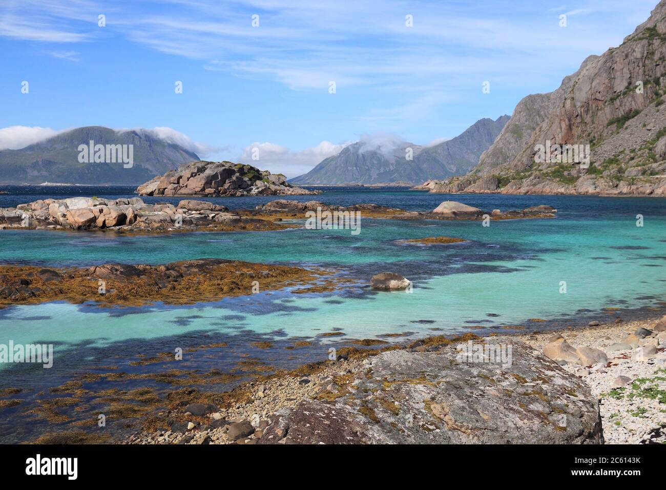 Lofoten archipelago summer landscape in Arctic Norway. Sea landscape in Austvagoya island. Stock Photo