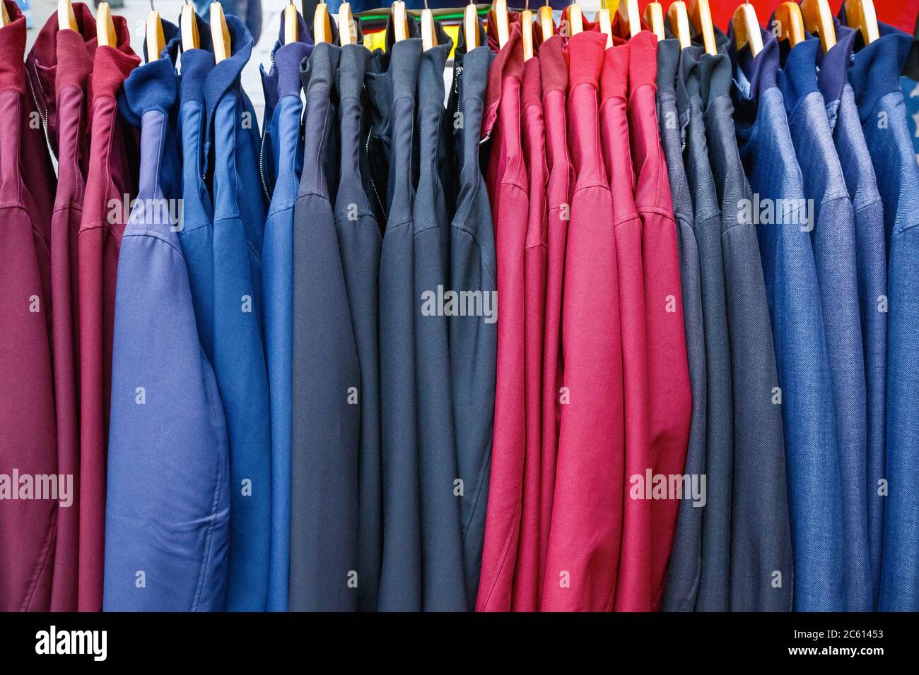 Rack of men jackets on display at Camden market in London Stock Photo