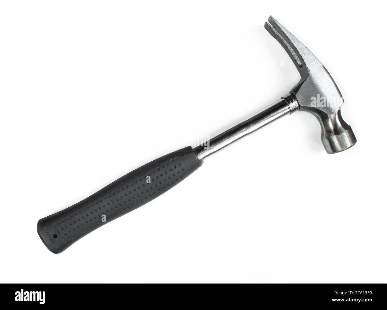 Silver Hammer with nail puller and rubbery handle isolated. Black and