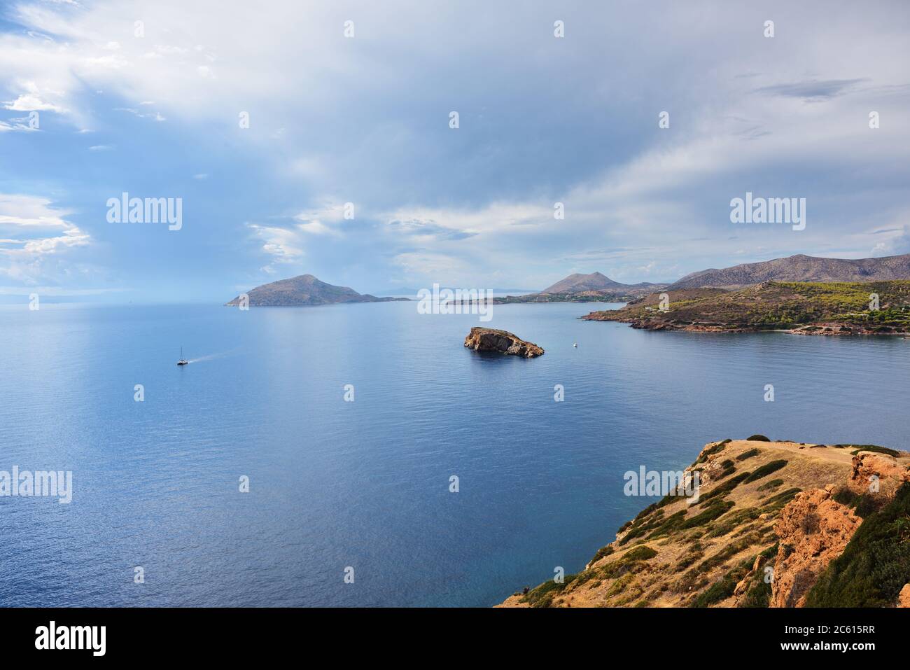 Beautiful View From The Cape Sounion On The Aegean Sea Island And Dramatic Cloudy Sky Attica Greece Stock Photo Alamy