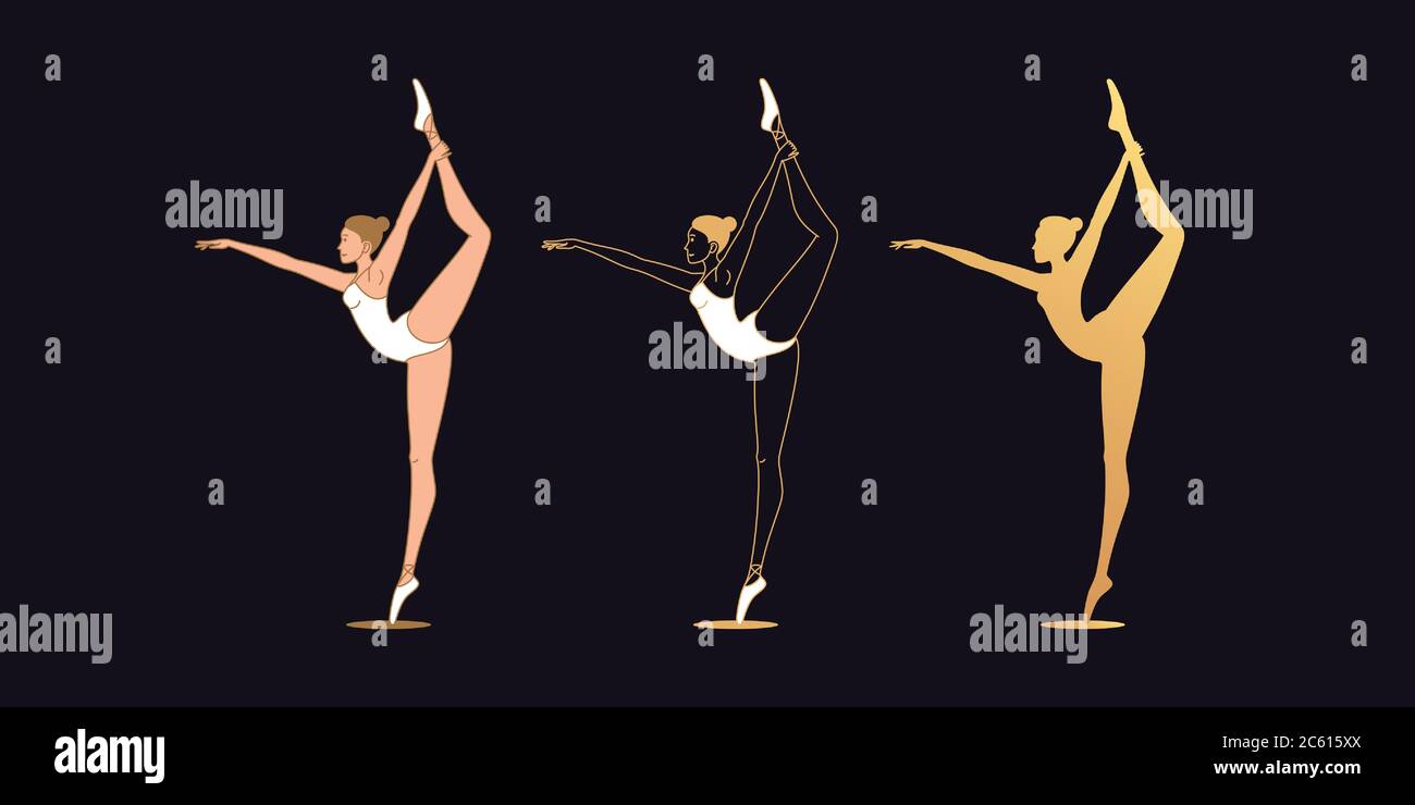 Golden ballerina woman in outline style. Set of gold silhouette, Ballet dancer stands on one leg, keeps another leg from above. Ballet posture and pos Stock Vector