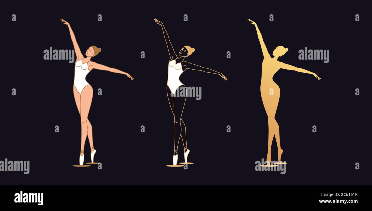 Golden ballerina woman in outline style. Set of gold silhouette, Ballet dancer with flying hands. Ballet posture and posing, dance performance. Vector Stock Vector