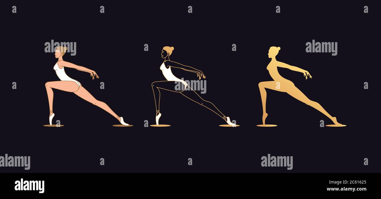 Golden ballerina woman in outline style. Ballet dancer, set of gold silhouette. Ballet posture and posing, dance performance. Vector illustration Stock Vector