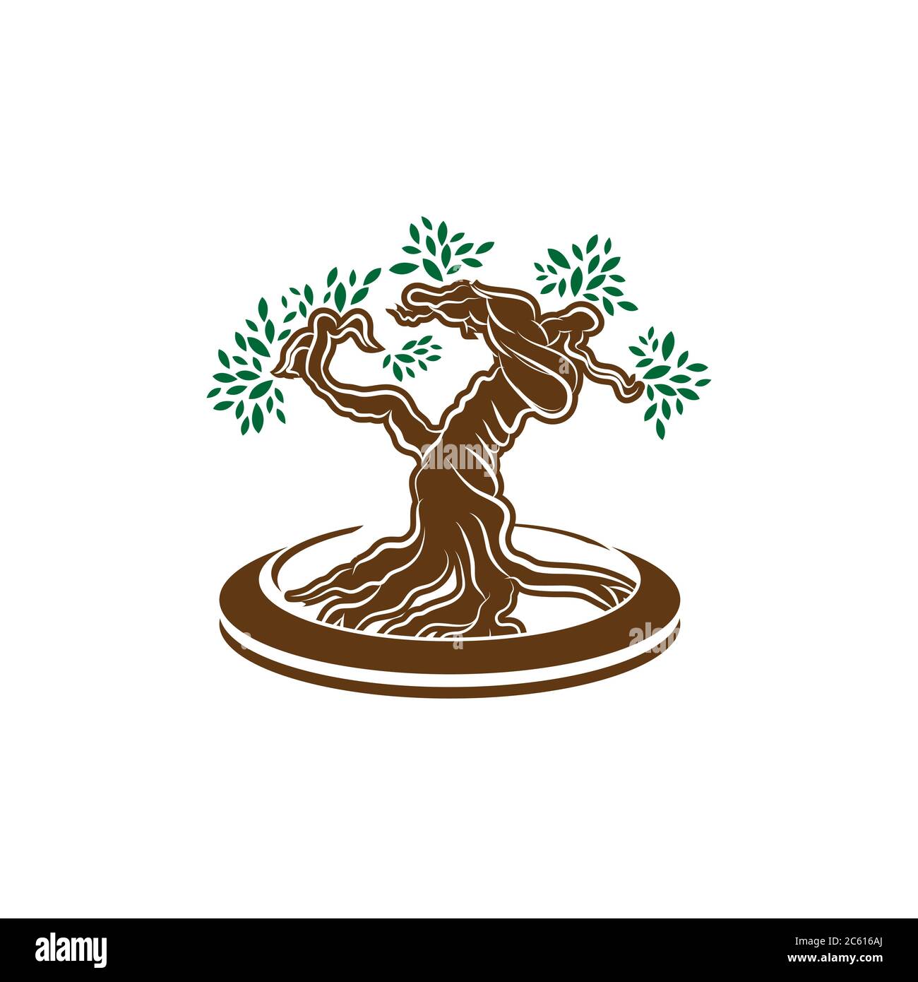 Japanese bonsai tree logo, plant silhouette icons on white background, green ecology silhouette of bonsai and sunset. Detailed image. Bio nature conce Stock Vector