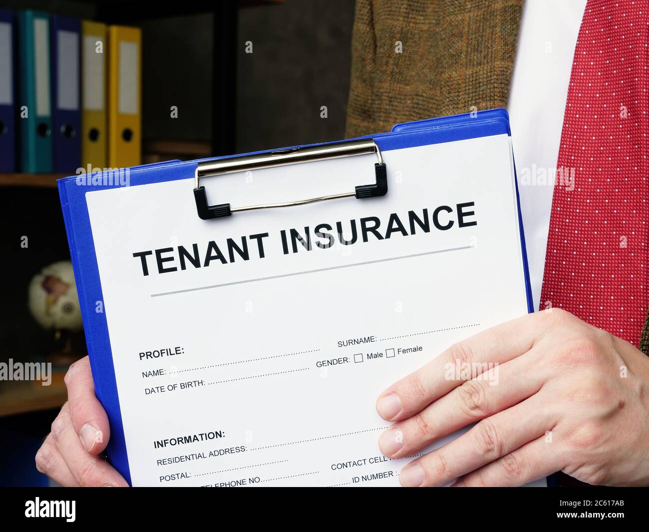 Agent offers to sign Tenant insurance policy. Stock Photo