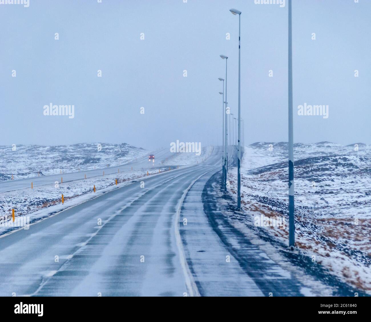 Driving in bad weather in Iceland Stock Photo