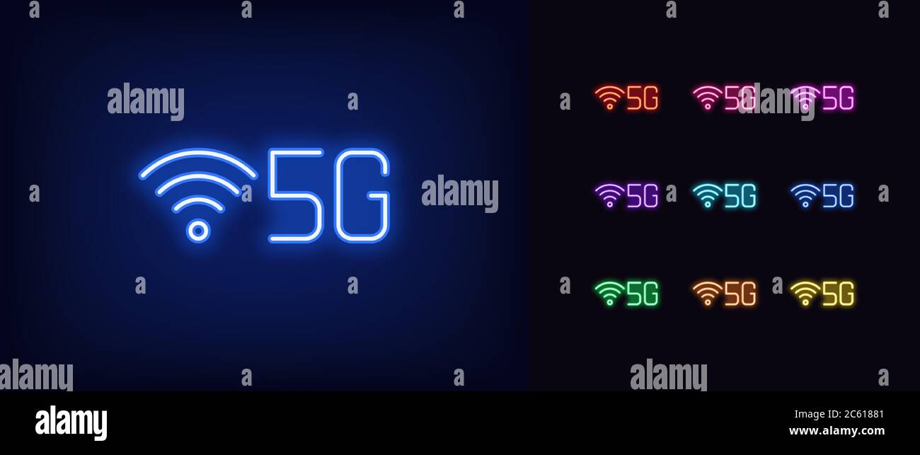 Neon 5G network icon. Neon 5g technology sign, set of isolated symbol for high speed internet in vivid colors. Fast internet 5 generation. Glowing ico Stock Vector
