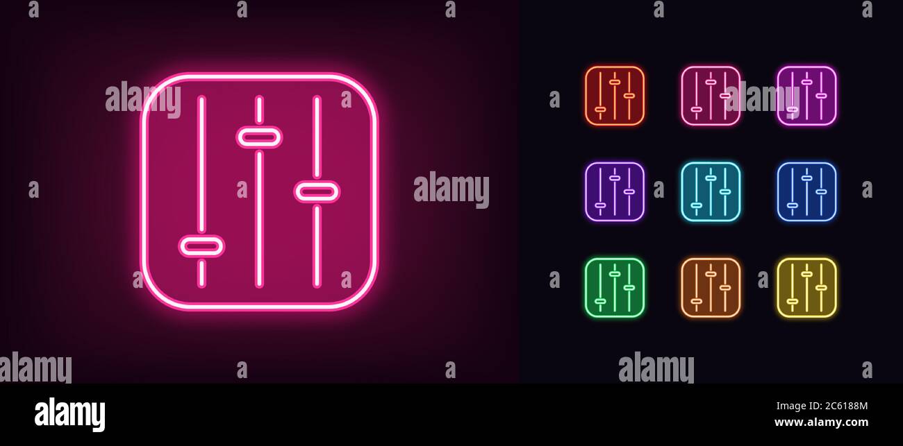 Neon settings panel icon. Glowing neon customization sign, set of isolated control panel in vivid colors. Tuning switches, adjustment toggles. Icon, s Stock Vector