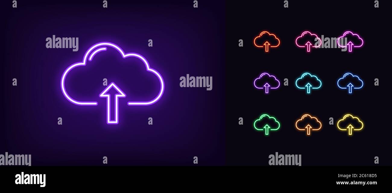 Neon cloudy upload icon. Glowing neon cloud storage sign, set of isolated network server service in vivid colors. Cloud uploading data platform. Icon, Stock Vector